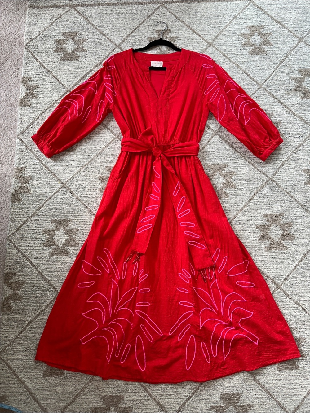 Ciebon Red Embroidered Belted Maxi Dress